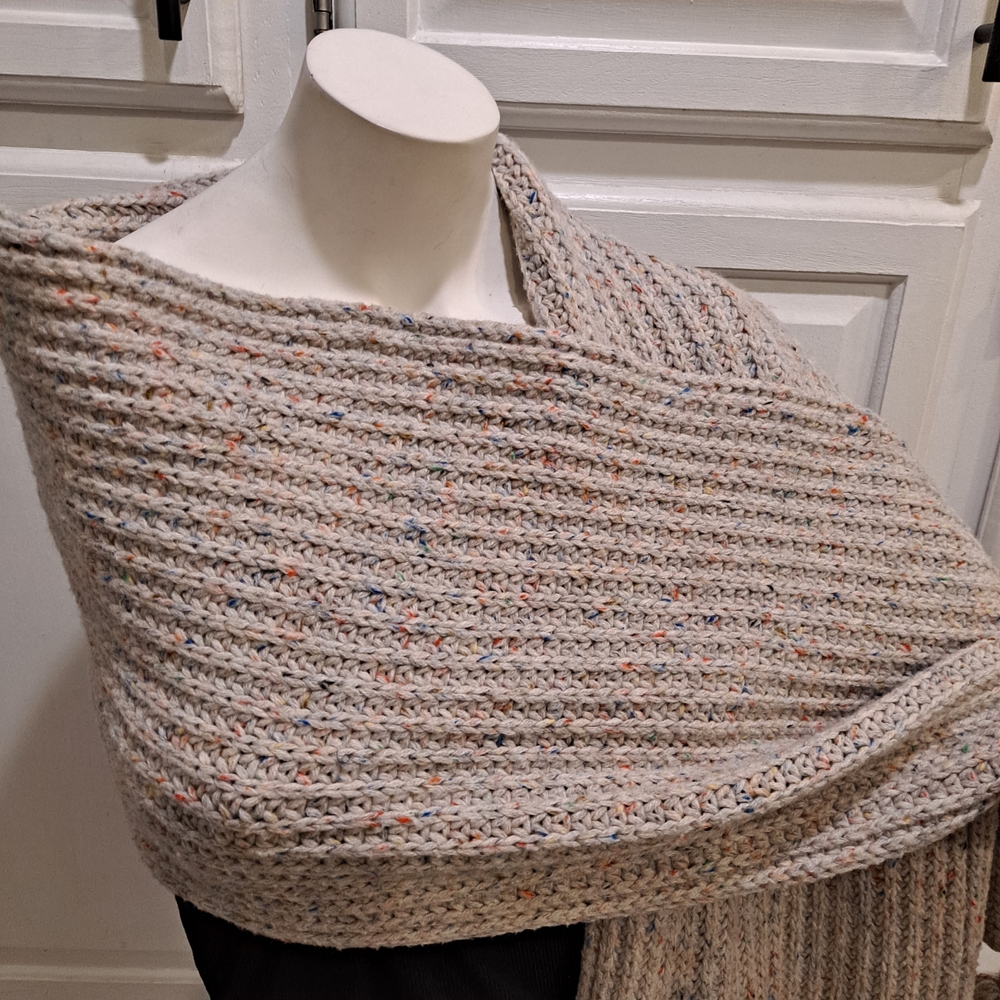 J. Crew Oatmeal Multicolor Speckled Ribbed Knit Wool Scarf With Pompoms - Picture 3 of 6